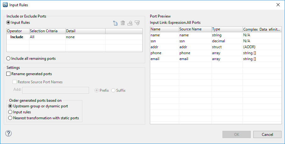 Input Rules dialog box with a default input rule to include all ports from an upstream transformation