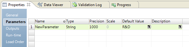 The Parameters tab shows a parameter called NewParameter, type string, precision 1000, default value R&D.