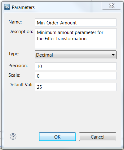 The Parameters dialog box has the following fields, Name, Description, Type, Precision, Scale, and Default Value.