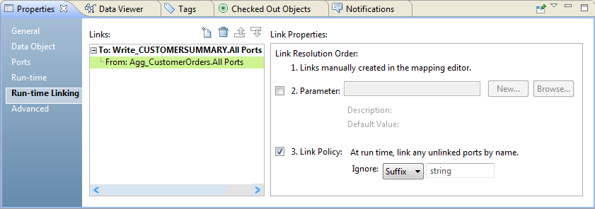 The Run-time Linking tab has Links and Link Properties area. The Links area lists the group ports from which the link originates if the transformation has incoming run-time links. The Link Properties area has options to configure the run-time link properties based on a parameter, link policy, or both.