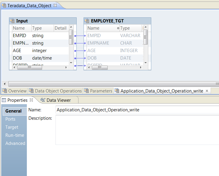 The screenshot shows a data object write operation for a Teradata data object in the object editor. The data object write operation includes two objects: Input and EMPLOYEE_TGT. Input is the input object and EMPLOYEE_TGT is the target object.