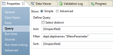 The Query view on the Properties tab for a Hive source contains the following filter: dept.deptname="$NewParameter". Double quotes surround $NewParameter.