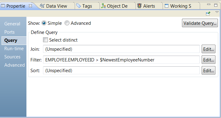 The Query view of a relational data object shows a filter with the following statement: Employee.EmployeeID > NewestEmployeeNumber