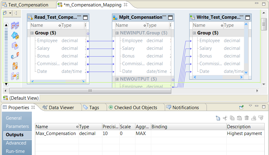 The image shows a simple mapping with with a Compensation mapplet in it. The Max_Compensation mapping output is a decimal type with precision of 10. The Aggregation Function is set to MAX. The Binding field is empty. The description says highest payment.