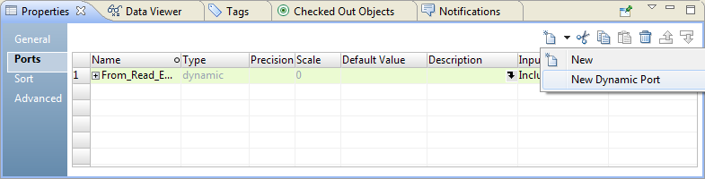 The Ports tab in the Properties view of the transformation has New, Cut, Copy, Paste, Delete, Move Up and Move Down buttons. The New button is selected and has two buttons New and New Dynamic Port. The Ports tab shows a grid that contains columns labeled Name, Type, Precision, Scale, Default Value, Description, and Input Rules. The Name column shows a row for a dynamic port in the transformation.