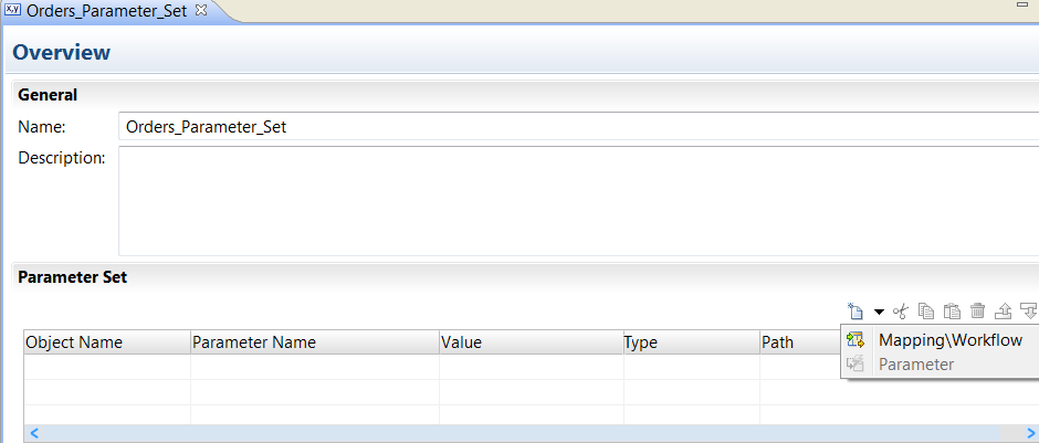 The Overview dialog box shows the parameter set name and description in the top panel. In the bottom panel is a grid where you can enter the Object Name, Parameter Name, Value, Type, and Path .