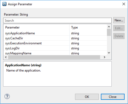 This image shows the Assign Parameter dialog box that appears for the compression format and the compression codec. In the top right-corner, you have the option to create a new parameter.