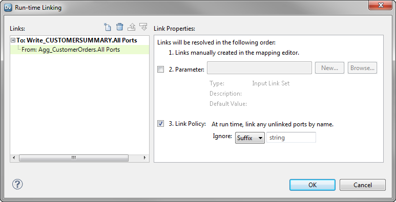 The Link Properties area of the Run-time Linking dialog box has two options Parameter and Link Policy to configure the run-time link. The Link Policy option is selected.