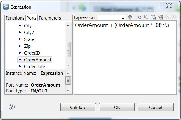 The Expression Editor has three columns labeled Functions, Ports, and Parameters. The Expression Editor shows the following expression in the work area: Order Amount + Order Amount * .0875.