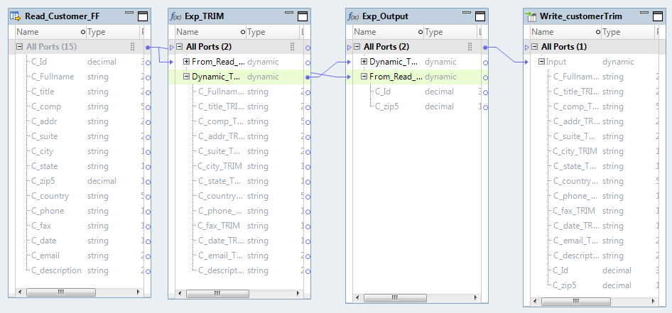 The mapping contains a Read transformation, two Expression transformations, and a Write transformation. The two Expression transformations have two dynamic ports.