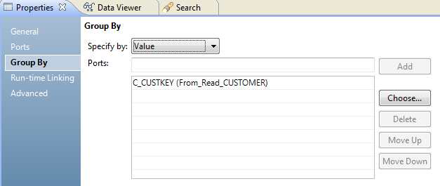 The Group By tab shows that the group by property is specified as a value and the port C_CUSTKEY is listed as a group by port.