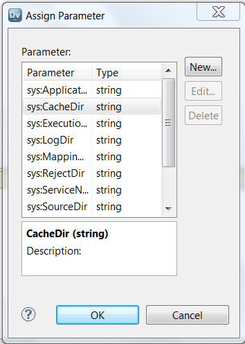 The Assign Parameter dialog box lists system parameters and user-defined parameters. The system parameters have a prefix of sys.