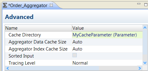 The Cache Directory property contains the MyCacheParameter parameter name and the word "parameter" in parenthesis.