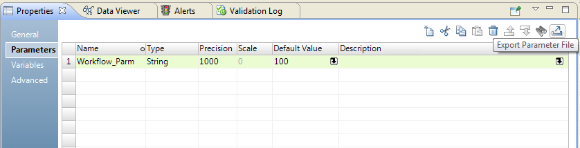 The workflow Parameters tab has an option called Export Parameter File. The screenshot shows a string workflow parameter called Workflow_Parm. It has a default value of 100.