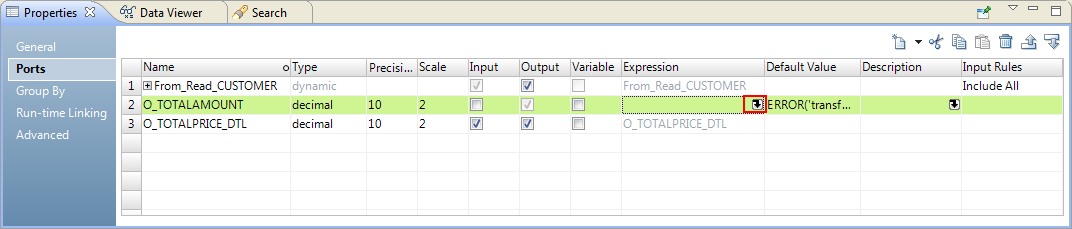 The Ports tab lists the ports in the Aggregator transformation. O_TOTALAMOUNT column is select and the Expression column for the port contains the Open button.