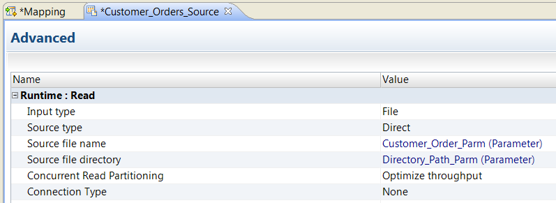 The Advanced tab has a Read section of properties. The Source file name and the source file directory have the Customer_Order_Parm and the Directory_Path_Parm. Both values have the word (Parameter) after them to indicate that the properties are parameterized.