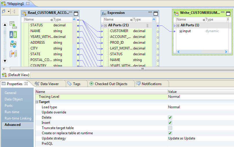 To configure a Write transformation to create or replace the target table at run time, select the option in the Advanced tab.