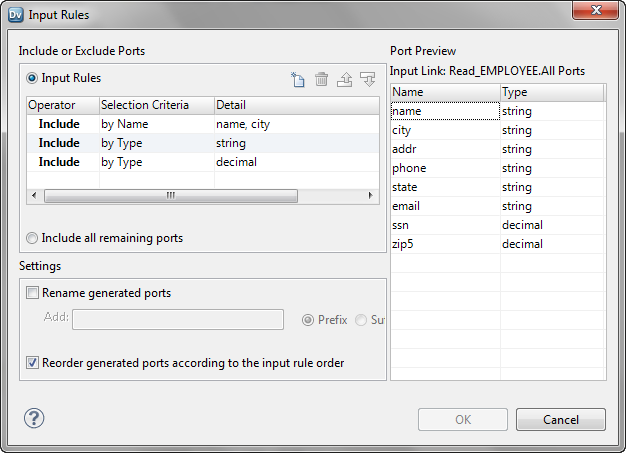 The Input Rules dialog box shows three input rules defined in the Include or Exclude Ports area. The first rule is to include the ports name and city, the second rule is to include all ports by type string, and the third rule is to include all ports by type decimal. The Reorder generated ports according to the input rule order option in the Settings area is selected. Port Preview area displays the generated ports according to the input rule order.