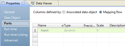 To define columns by mapping flow, select the Mapping Flow option in the Ports tab.