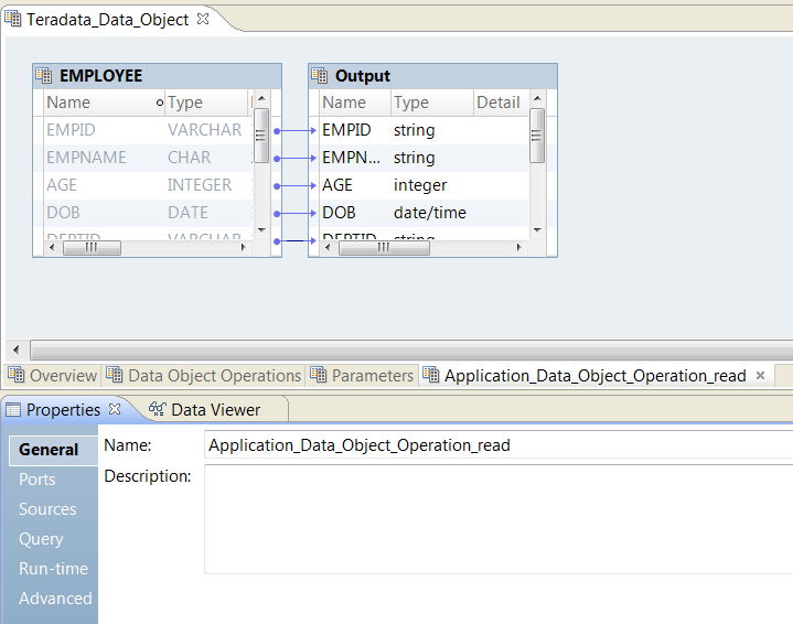 The screenshot shows a data object read operation for a Teradata data object in the object editor. The data object read operation includes two objects: EMPLOYEE and Output. EMPLOYEE is the source object and Output is the output object.