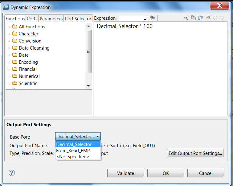 The Dynamic Expression dialog box has a tab for Functions, Ports, Parameters, Port Selectors. An expression is in the editor. The expression says Decimal_Selector *100.