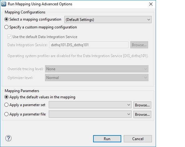 This dialog box show advanced options to run a mapping in the Developer tool. At the top, there is a pane for Mapping Configurations. At the bottom, there is a pane for Mapping Parameters. To specify mapping configurations, you have options to select a mapping configuration or specify a custom mapping configuration. To specify mapping parameters, you have options to select the default values in the mapping, to apply a parameter set, or to apply a parameter file.