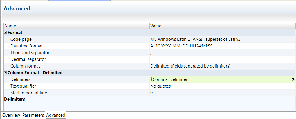 You can assign a parameter for a flat file delimiter in the Advanced tab of a flat file data object. Select the parameter in the Delimiters area.