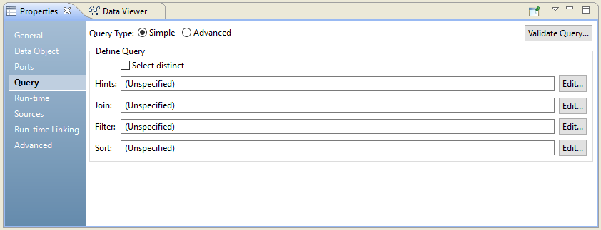 This image shows the Query tab in the Properties view. The Query tab includes properties to configure SQL statements for the following conditions: Hints, Join, Filter, and Sort.