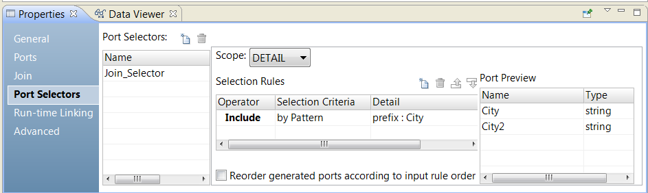 The port selector tab shows a port selector called Join_Selector. The scope is Detail, which is the Detail input group of a Joiner transformation. The Operator is Include. The Selection Criteria is By Pattern. The Detail column says prefix: City. The Port preview column shows City and City2 ports.