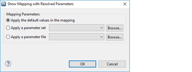 This dialog box shows the options that you can use to resolve mapping parameters. You can select to resolve the parameters using the default values in the mapping, a parameter set, or a parameter file.