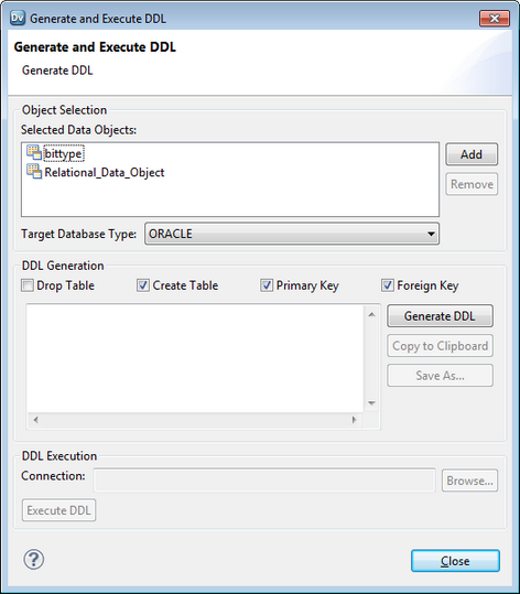 The image shows the Generate and Execute DDL dialog box.