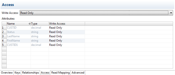 The access editor allows you to edit the type of access for each column in the logical data object.