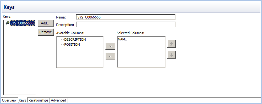 The Keys view shows a key defined for the relational data object. The view also shows the name, description, and available and selected columns for the key.
