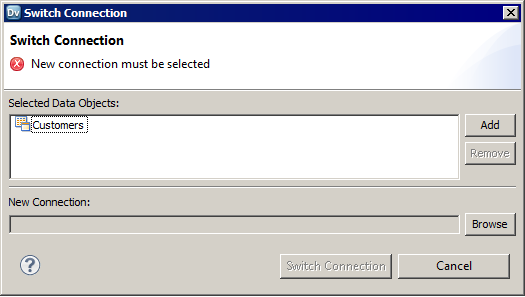 The Switch Connection dialog box shows the selected data objects in the Selected Data Objects section.