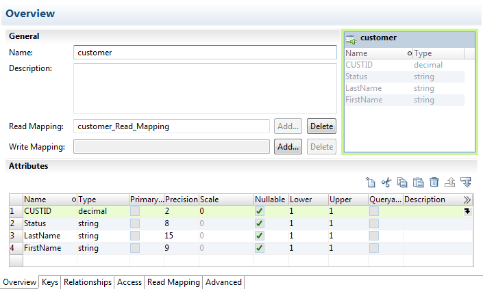 The logical data object editor shows object properties, editable column attributes, and a list of object columns.