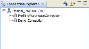 The Connection Explorer view displays only the connections that you add to the Connection Explorer view. It also contains buttons to create a relational database connection and to select the connections that you want to appear.