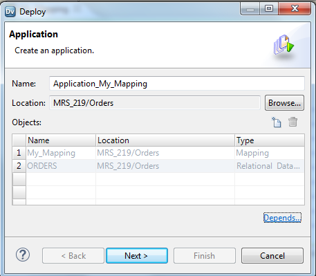 The Deploy Application dialog box shows the objects in the application. The dialog box shows the name, the location, and the type of object in the application. The dialog box has a Depends link in the lower right corner.