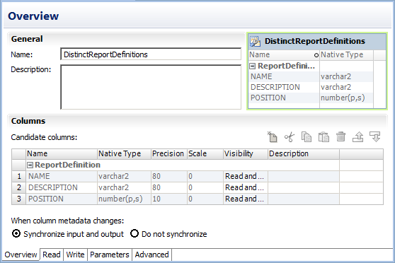 The Overview view shows the name, description, and columns of the customized data object. The Overview view also shows whether the customized data object is synchronized when column metadata changes. A customized data object that is open in the editor also has the Read, Write, Parameters, and Advanced views.
