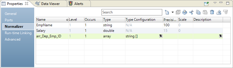 The Normalizer view shows a field EmpName of type string, Salary of type double, and arr_Dep_Emp_ID of type array with string elements.