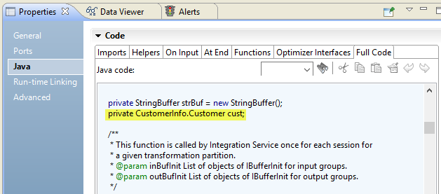 The Full Code tab of the Java view shows the code that the Java transformation generates. The code shows the cust field that is created for the struct port. The field is of the Java data type CustomerInfo.Customer.