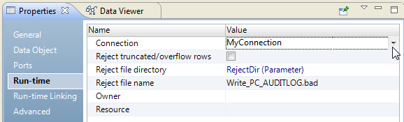 Click the right side of the Connection name field to change the connection that the transformation uses.
