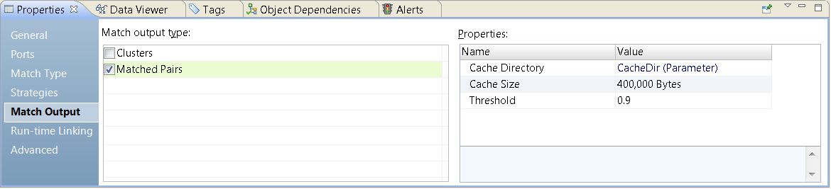 The Match Output view provides different output options, including options to organize the output records into clusters or matched pairs. The current transformation generates matched pairs.