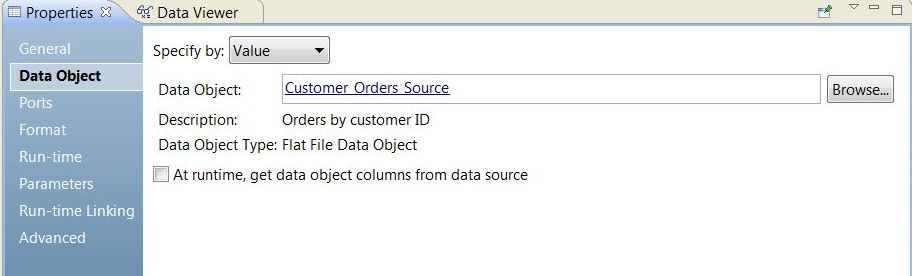 The Data Object tab shows the data object name and the option to enter a specific value or to enter a parameter.