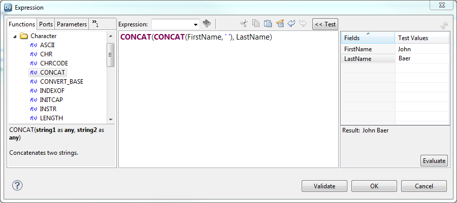 In the testing panel, "John" is the test value for the FirstName field and "Baer" is the test value for the LastName field. The result of the expression is "John Baer."