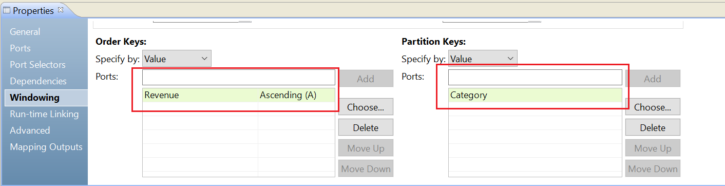 The order key is ascending revenue. The partition key is category.