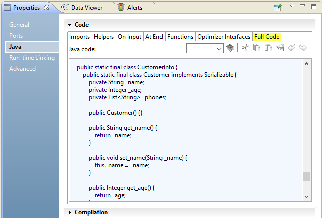 The Full Code tab of the Java view on the Java transformation Properties tab shows the outer class CustomerInfo and the inner class Customer with getters and setters for the member fields. The member fields _name, _age, and _phones are of a Java data type.