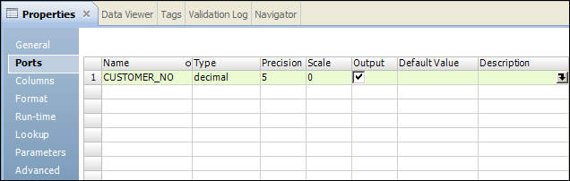 The Ports tab of the Properties view shows the ports included in the Lookup transformation.