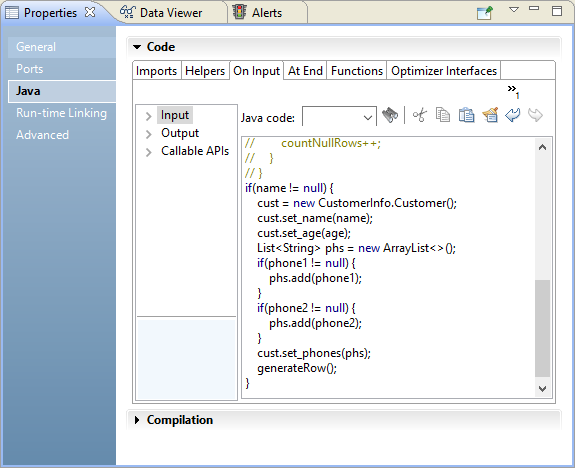 The On Input tab of the Java view shows the code that defines the transformation functionality.