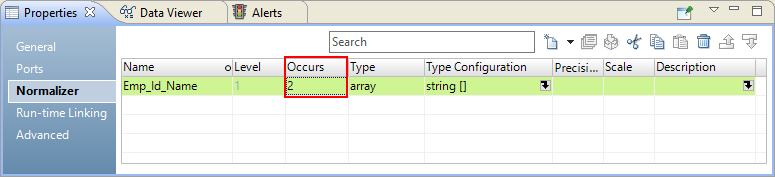 The Normalizer view shows an array field Emp_Id_Name. The value of Occurs for the array field is 2.