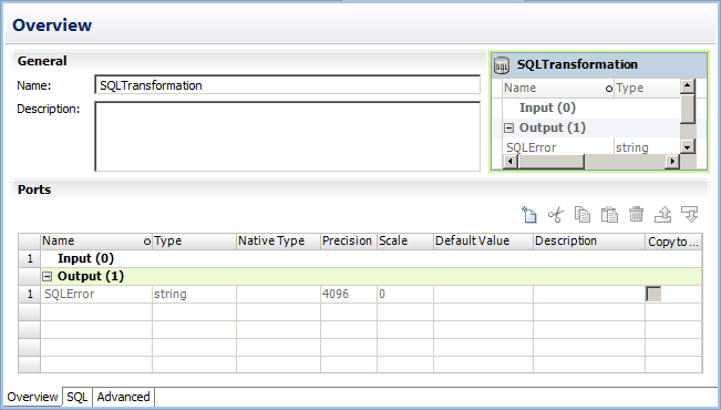 The Overview view shows the name, description, and ports of the SQL transformation. The Ports section of the Overview view shows the SQLError output port.